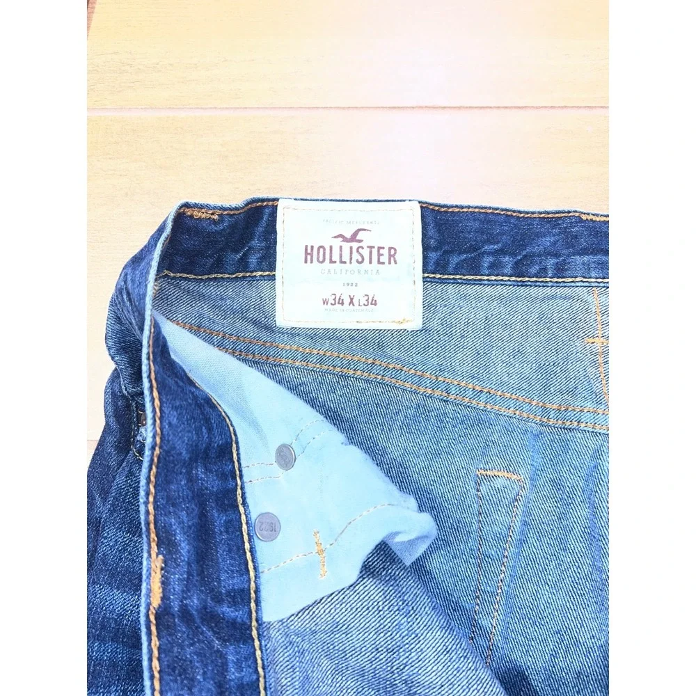 Hollister Mens Jeans Dark Wash Slim‎ Fit Button Fly Distressed Size 34x34/33
